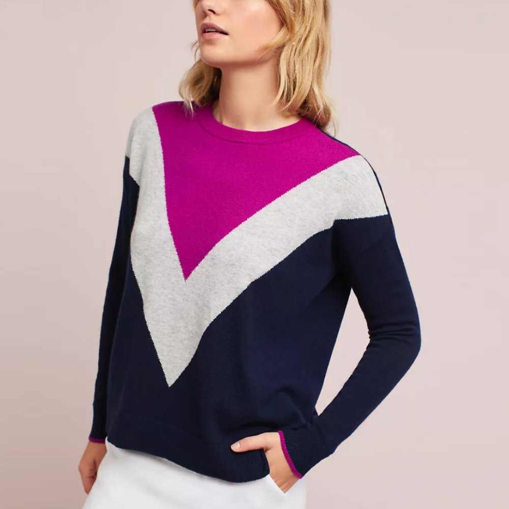ANTHROPOLOGIE Lark Colorblock Pullover, Navy/Berry, S